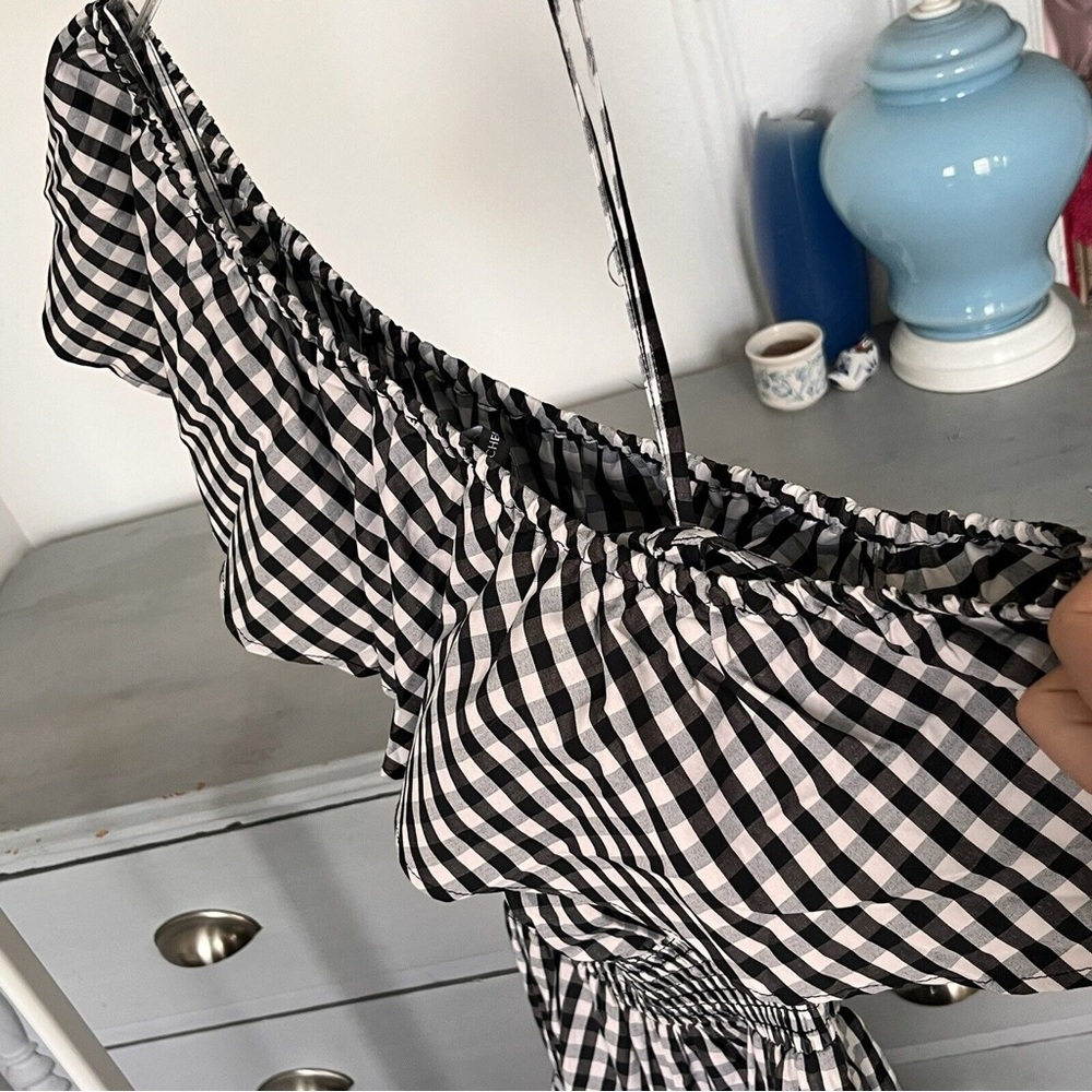 NWT Chelsea & Theodore Black & White Gingham Off the Shoulder Midi Peasant Dress - Picture 8 of 8